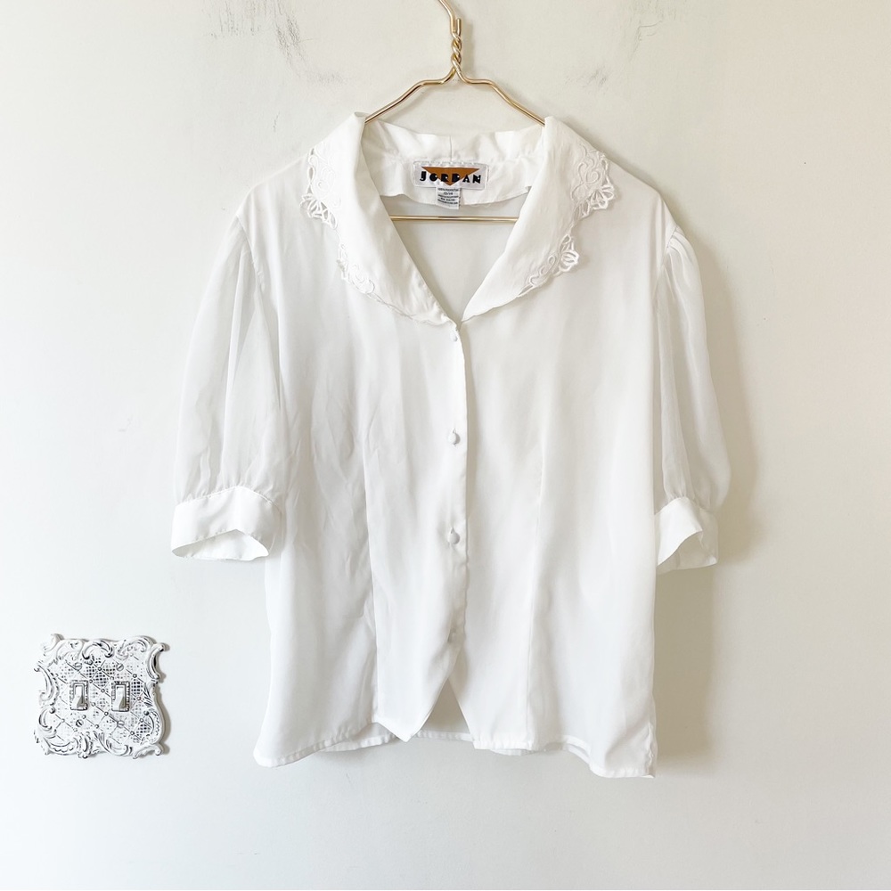 Vintage 80s Jordan White Puff Sleeve Lace Collar Blouse 13/14 Large